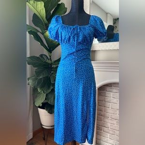 Blue polka dot peasant dress with sexy slit